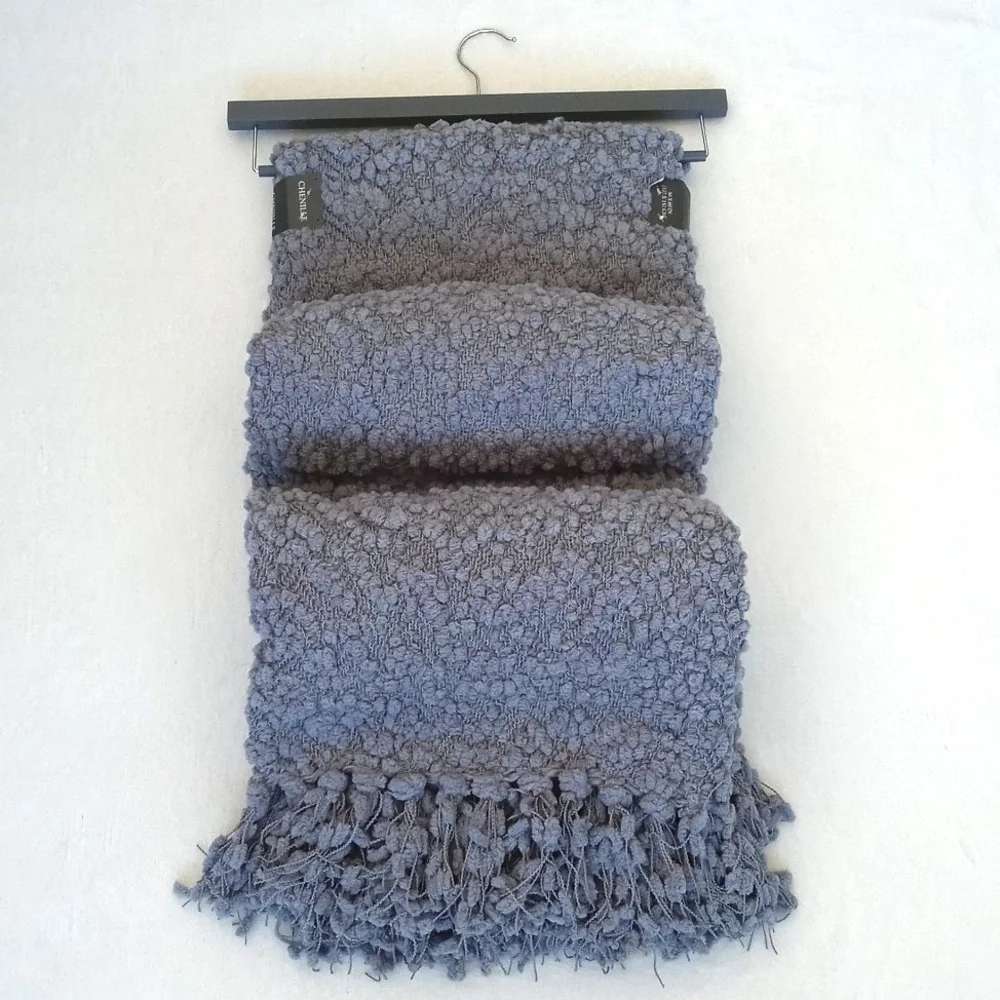Vince Camuto Blue Grey Popcorn Chenille Fringed Throw Blanket 50